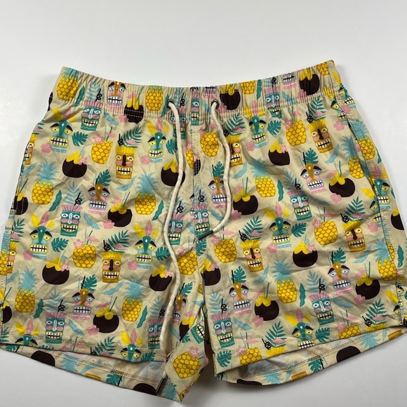 Two Left Feet Other - Two Left Feet Mens Tiki Cocktail Tropical Print Swim Trunks Tan Medium